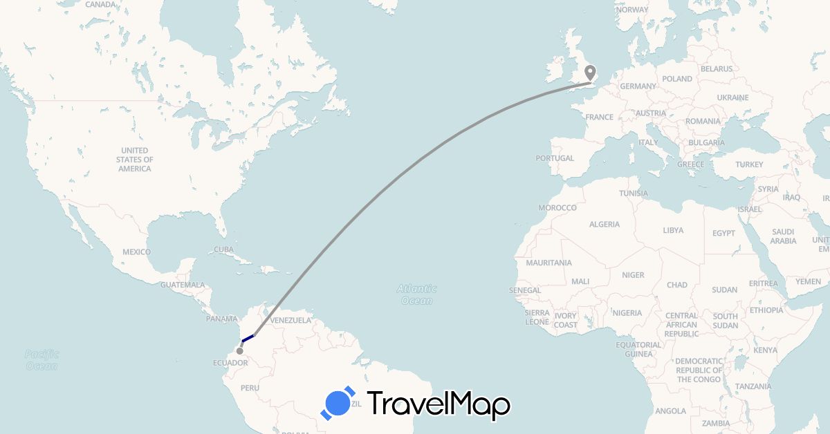 TravelMap itinerary: driving, bus, plane in Colombia, United Kingdom (Europe, South America)